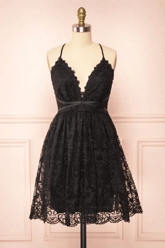 Cocktail party dresses in a classic little black dress style​Black Lace Straps A-line Short Party Dress Lace Homecoming Dresses PD466