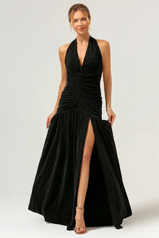 Wedding guest dresses with puff sleeves and knee - length hemsBlack Mermaid Halter Pleated Backless Long Bridesmaid Dress Wedding guest dresses with puff sleeves and knee - length hemsBlack Mermaid Halter Pleated Backless Long Bridesmaid Dress