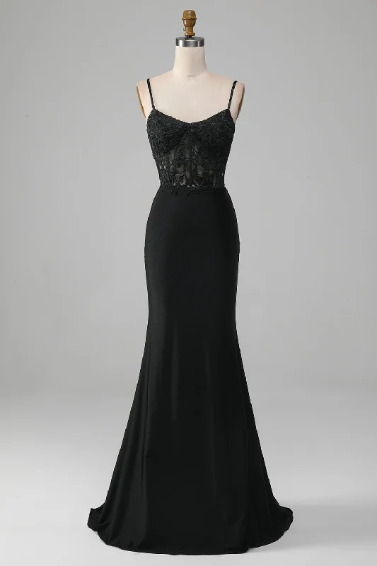 Asymmetric - hem cocktail dresses in a bold color for a fashion - forward lookBlack Mermaid Spaghetti Straps Corset Prom Dress With Appliques Asymmetric - hem cocktail dresses in a bold color for a fashion - forward lookBlack Mermaid Spaghetti Straps Corset Prom Dress With Appliques