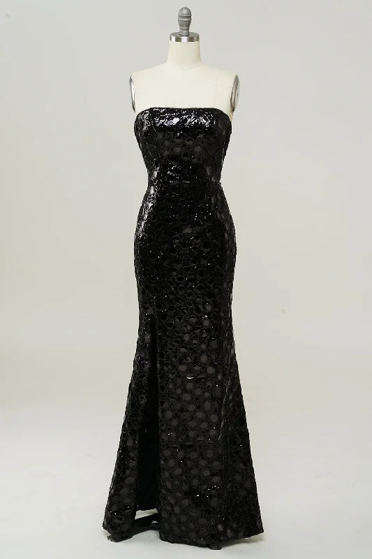 Cocktail dresses with a mesh panel and a high - neck designBlack Strapless Sequined Mermaid Prom Dress Cocktail dresses with a mesh panel and a high - neck designBlack Strapless Sequined Mermaid Prom Dress
