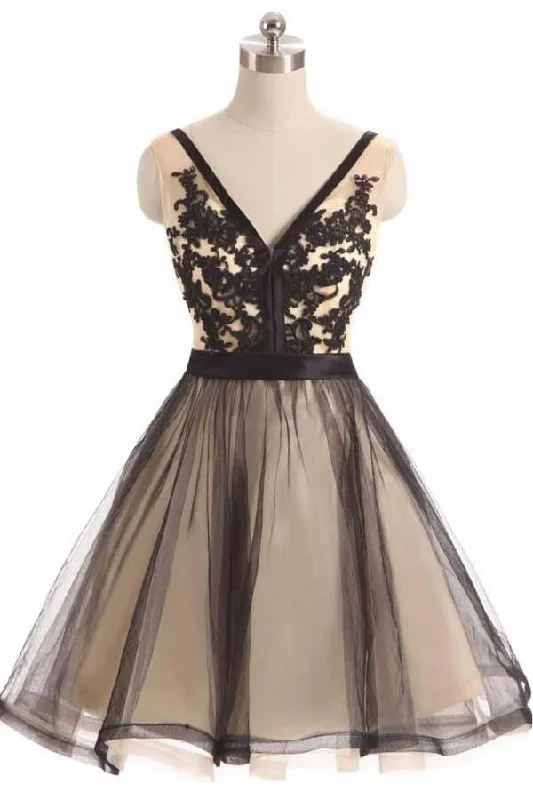 Sheath party dresses in a bold color for a statement - making outfitBlack Tulle Lace V-neck Short Prom Dress Homecoming Dresses PD067 Sheath party dresses in a bold color for a statement - making outfitBlack Tulle Lace V-neck Short Prom Dress Homecoming Dresses PD067
