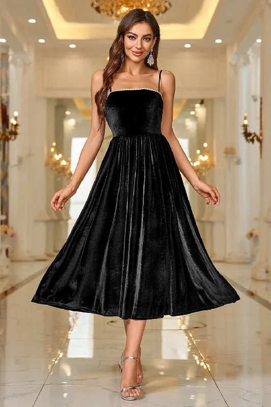 Cocktail dresses with a wrap - front style and a long - length optionBlack Velvet A Line Spaghetti Straps Tea Length Prom Dress Cocktail dresses with a wrap - front style and a long - length optionBlack Velvet A Line Spaghetti Straps Tea Length Prom Dress