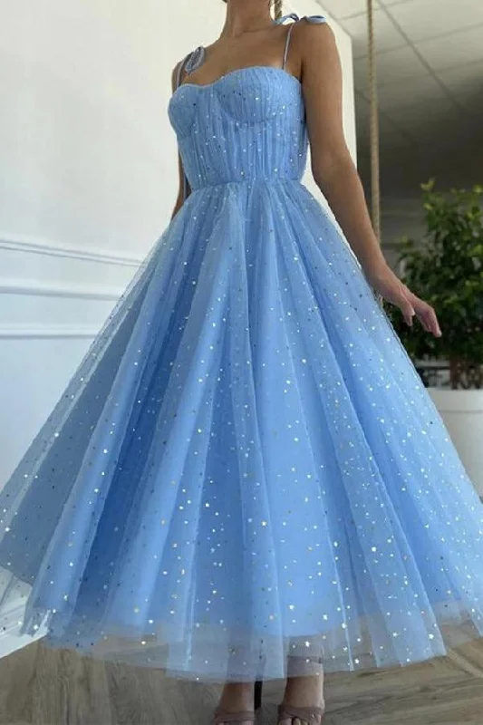 Party dresses with a handkerchief hem for a unique and flowing styleBlue Tulle Sequins Tea Length Prom Dress Party Dress Homecoming Dress PD430 Party dresses with a handkerchief hem for a unique and flowing styleBlue Tulle Sequins Tea Length Prom Dress Party Dress Homecoming Dress PD430