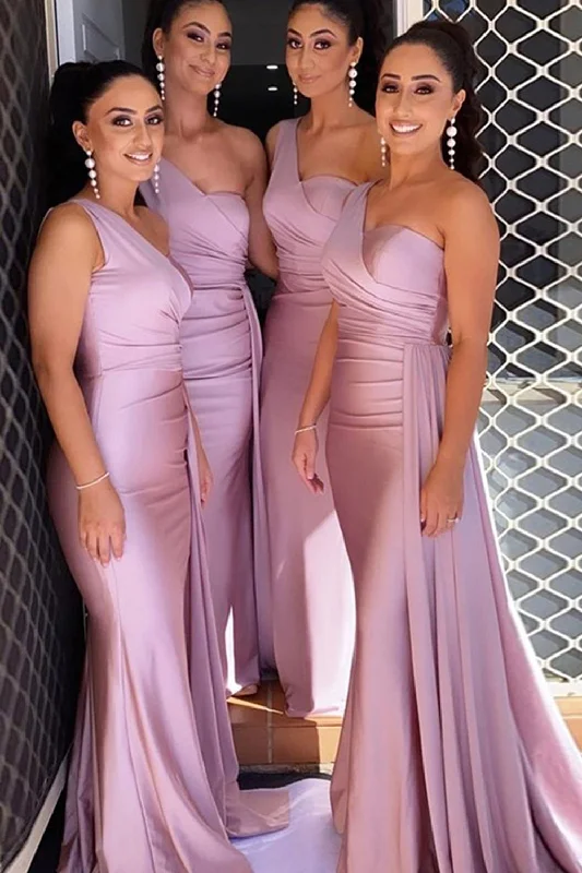 Wedding guest dresses with pom - pom trims for a playful lookBlush One Shoulder Mermaid Long Bridesmaid Dress with Ruffles Wedding guest dresses with pom - pom trims for a playful lookBlush One Shoulder Mermaid Long Bridesmaid Dress with Ruffles