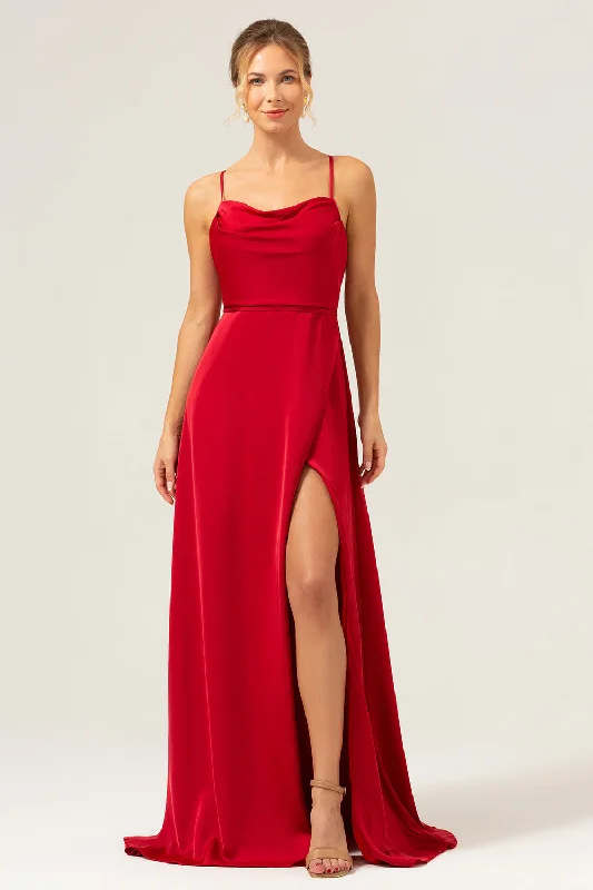Wedding guest dresses with cold - shoulder ruffled sleeves and knee - length hemsBurgundy A Line Spaghetti Straps Backless Satin Long Bridesmaid Dress with Slit