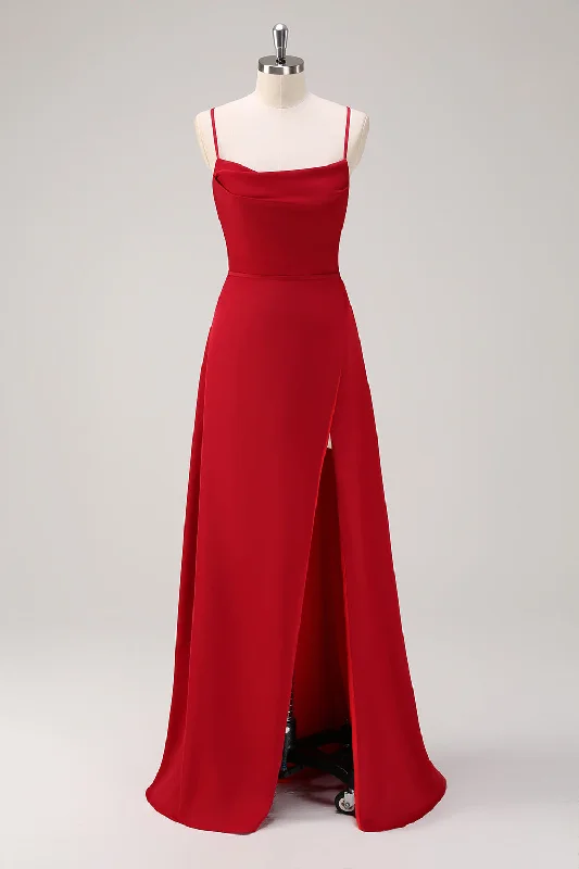 Wedding guest dresses with gathered skirts and V - necklinesBurgundy Spaghetti Straps A-Line Bridesmaid Dress with Slit Wedding guest dresses with gathered skirts and V - necklinesBurgundy Spaghetti Straps A-Line Bridesmaid Dress with Slit