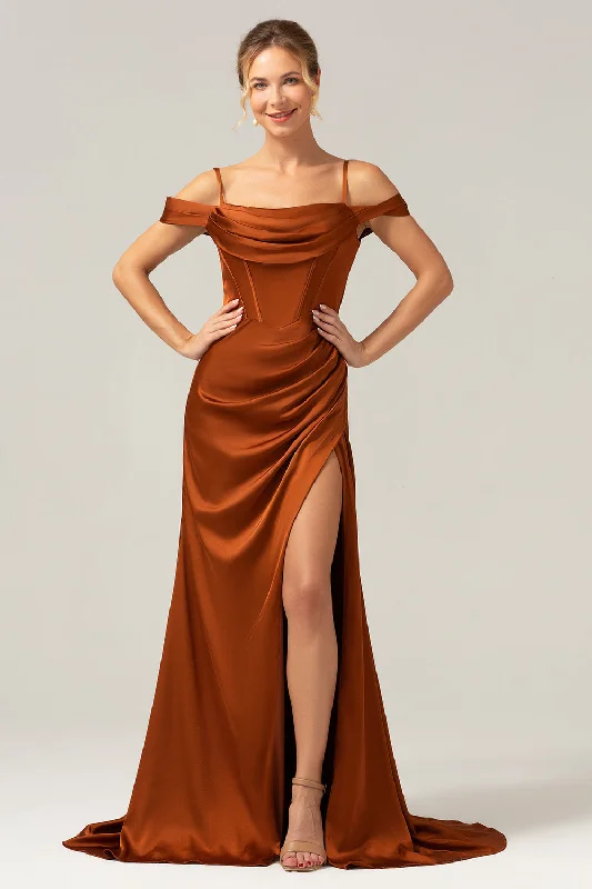 Sheath - style wedding guest dresses with lace overlaysCoffee Mermaid Cold Shoulder Ruched Corset Long Bridesmaid Dress with Slit
