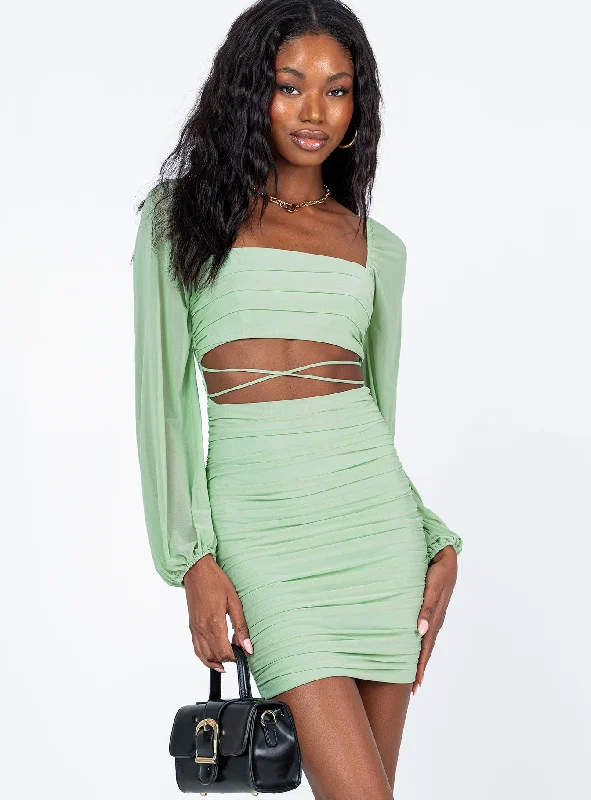 Bodycon dress with a button - down front​Courtney Long Sleeve Mini Dress Green