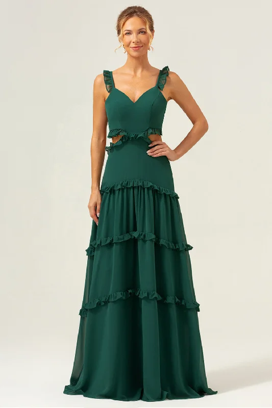 Printed wedding guest dresses with tropical motifs for beach weddingsDark Green A-Line Chiffon Ruffled Long Bridesmaid Dress with Hollow Out Printed wedding guest dresses with tropical motifs for beach weddingsDark Green A-Line Chiffon Ruffled Long Bridesmaid Dress with Hollow Out