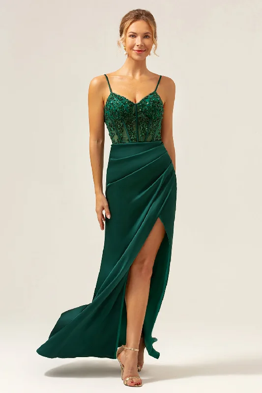 Tea - length wedding guest dresses with polka dot patternsDark Green Mermaid Spaghetti Straps Corset Satin Long Bridesmaid Dress with Slit Tea - length wedding guest dresses with polka dot patternsDark Green Mermaid Spaghetti Straps Corset Satin Long Bridesmaid Dress with Slit