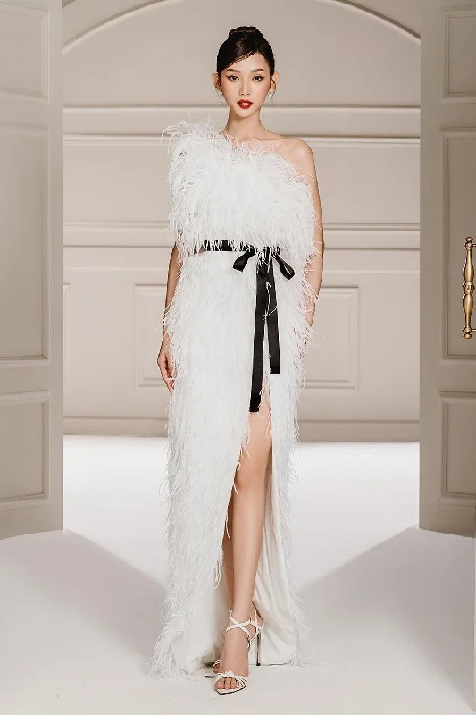 Tea - length party dresses for a sophisticated and versatile option​Dearie Slit Asymmetric Neck Feathers Floor Length Dress