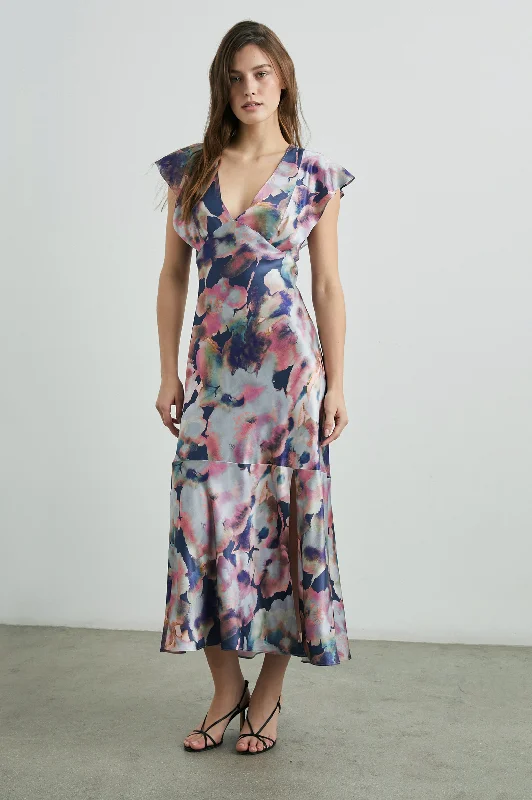 Wedding guest dresses with belted waists and knee - length skirtsDINA DRESS - MIDNIGHT VERBENA Wedding guest dresses with belted waists and knee - length skirtsDINA DRESS - MIDNIGHT VERBENA