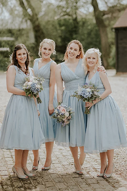 Strapless wedding guest dresses with rhinestone - studded bodicesDusty Blue A-Line Mid-Calf Ruched Chiffon Bridesmaid Dress Strapless wedding guest dresses with rhinestone - studded bodicesDusty Blue A-Line Mid-Calf Ruched Chiffon Bridesmaid Dress