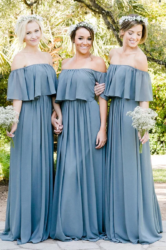 Wedding guest dresses with button - down fronts and A - line silhouettesDusty Blue A-Line Off the Shoulder Long Chiffon Boho Bridesmaid Dress Wedding guest dresses with button - down fronts and A - line silhouettesDusty Blue A-Line Off the Shoulder Long Chiffon Boho Bridesmaid Dress