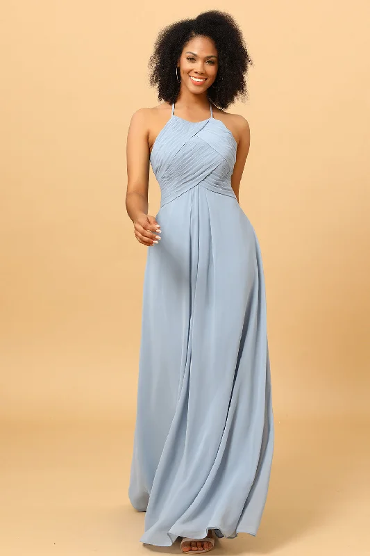 Ribbed - texture wedding guest dresses in neutral colorsDusty Blue Sheath Halter Open Back Long Chiffon Bridesmaid Dress Ribbed - texture wedding guest dresses in neutral colorsDusty Blue Sheath Halter Open Back Long Chiffon Bridesmaid Dress