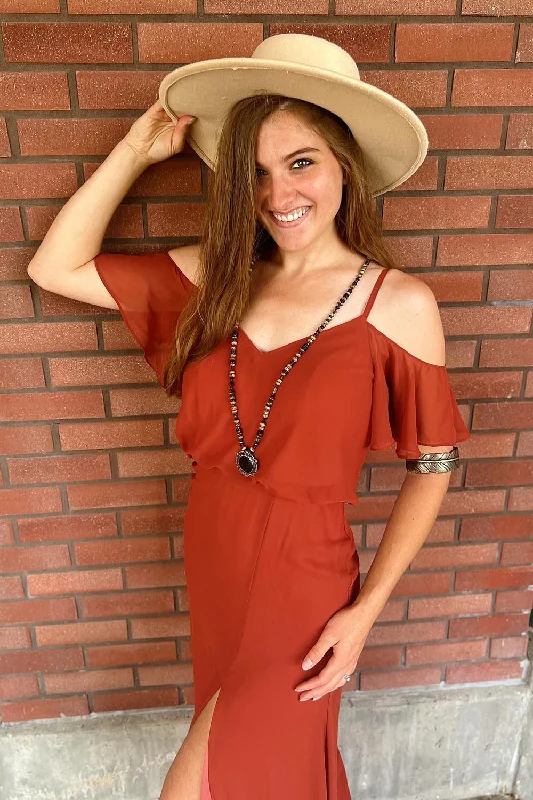 Wedding guest dresses with fringe accents for a bohemian - inspired weddingRust Chiffon Cold Shoulder Bridesmaid Dress with High Slit