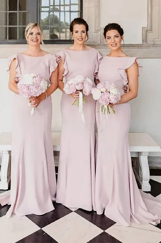 Wedding guest dresses with cold - shoulder designs and solid colorsDusty Rose Flutter Sleeve Backless Mermaid Long Bridesmaid Dress