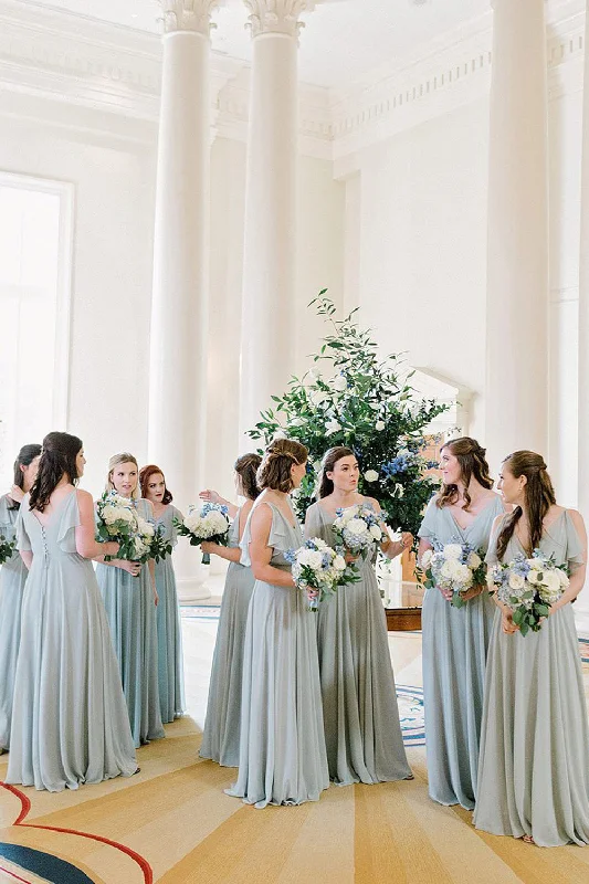 Ribbed - texture wedding guest dresses in neutral colorsDusty Sage A-Line Long Chiffon Bridesmaid Dress with Ruffles