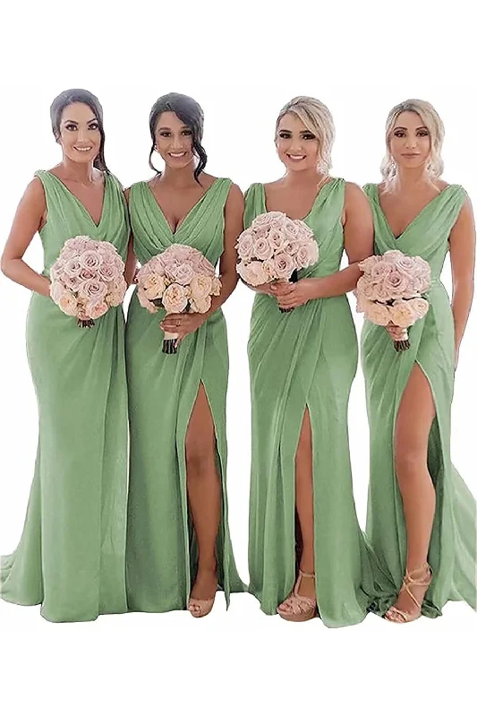 Wedding guest dresses with patchwork designs for a unique lookDusty Sage Sheath Chiffon Ruched Long Bridesmaid Dress with Slit Wedding guest dresses with patchwork designs for a unique lookDusty Sage Sheath Chiffon Ruched Long Bridesmaid Dress with Slit