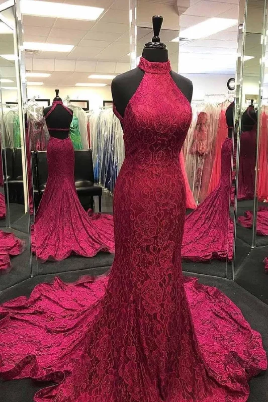 Halter - neck party dresses for a stylish and secure fitElegant Mermaid Halter Neck Burgundy Lace Prom Dress Evening Dress PSK218 Halter - neck party dresses for a stylish and secure fitElegant Mermaid Halter Neck Burgundy Lace Prom Dress Evening Dress PSK218