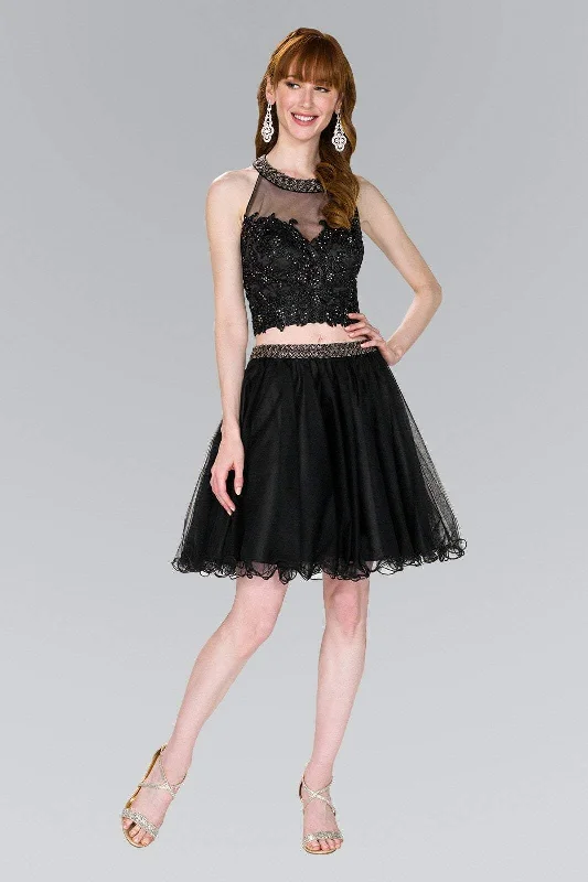 Cocktail dresses with a metallic - embroidered pattern and a midi - hemElizabeth K - GS2398 Two Piece Applique Halter Tulle A-line Dress Cocktail dresses with a metallic - embroidered pattern and a midi - hemElizabeth K - GS2398 Two Piece Applique Halter Tulle A-line Dress