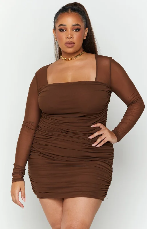 Strapless cocktail dresses with a sweetheart neckline and a full skirtEstee Long Sleeve Mesh Party Dress Brown Strapless cocktail dresses with a sweetheart neckline and a full skirtEstee Long Sleeve Mesh Party Dress Brown
