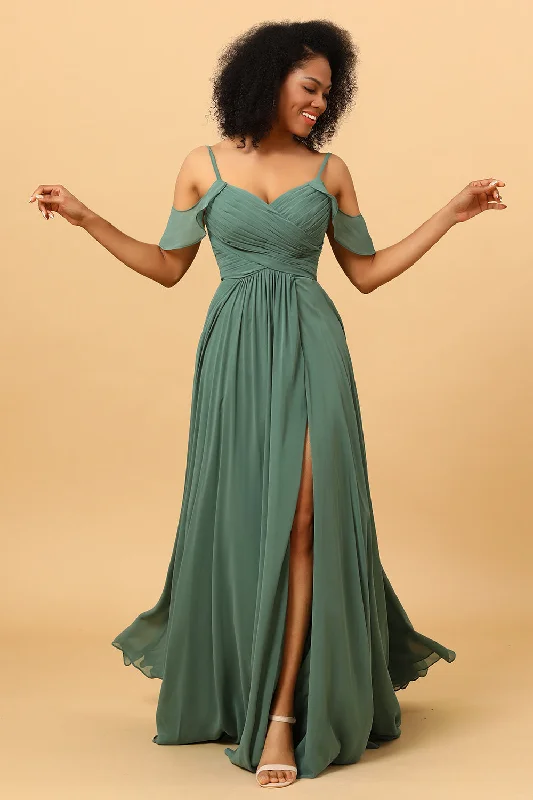 Wedding guest dresses with abstract prints and long trainsEucalyptus A Line Spaghetti Straps Long Chiffon Bridesmaid Dress With Slit