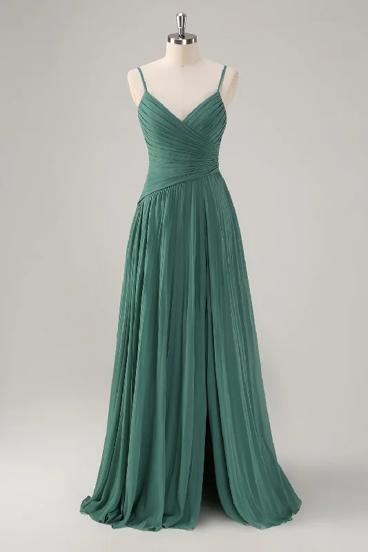 Lace - and - tulle wedding guest dresses with sweetheart necklinesEucalyptus A-Line Spaghetti Straps Pleated Chiffon Bridesmaid Dress with Slit Lace - and - tulle wedding guest dresses with sweetheart necklinesEucalyptus A-Line Spaghetti Straps Pleated Chiffon Bridesmaid Dress with Slit