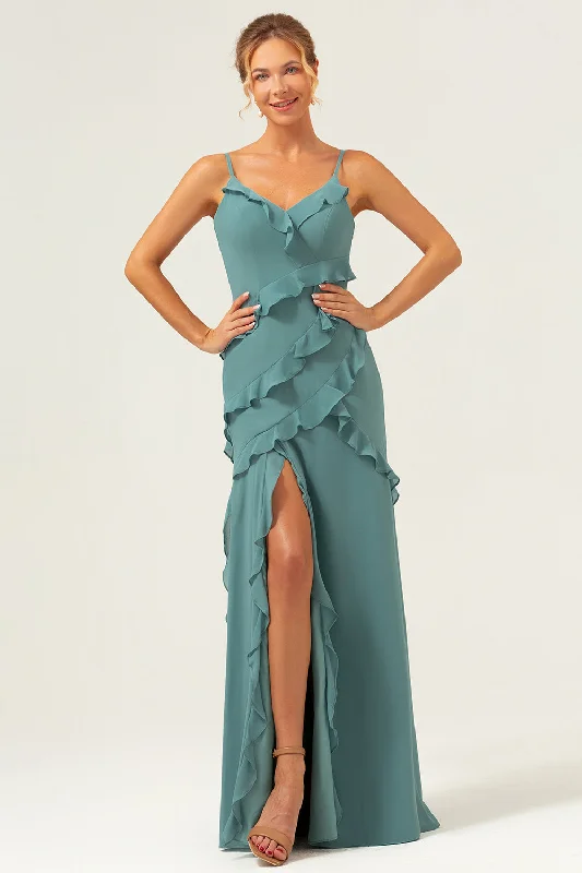 Maxi wedding guest dresses with floral prints for summer weddingsEucalyptus Sheath Spaghetti Straps Ruffle Long Bridesmaid Dress with Slit Maxi wedding guest dresses with floral prints for summer weddingsEucalyptus Sheath Spaghetti Straps Ruffle Long Bridesmaid Dress with Slit