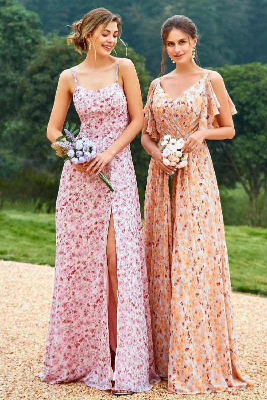 Wedding guest dresses with cut - out details and midi lengthsFloral Print Orange Bridesmaid Dress Wedding guest dresses with cut - out details and midi lengthsFloral Print Orange Bridesmaid Dress
