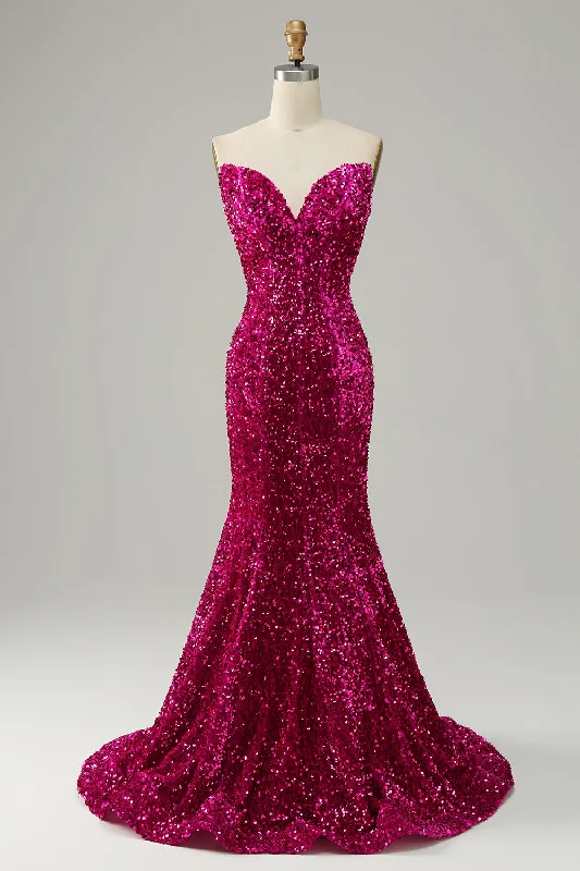 Cocktail dresses with off - the - shoulder designs and beaded accentsFuchsia Sweetheart Neck Sequined Mermaid Prom Dress With Sweep Train Cocktail dresses with off - the - shoulder designs and beaded accentsFuchsia Sweetheart Neck Sequined Mermaid Prom Dress With Sweep Train