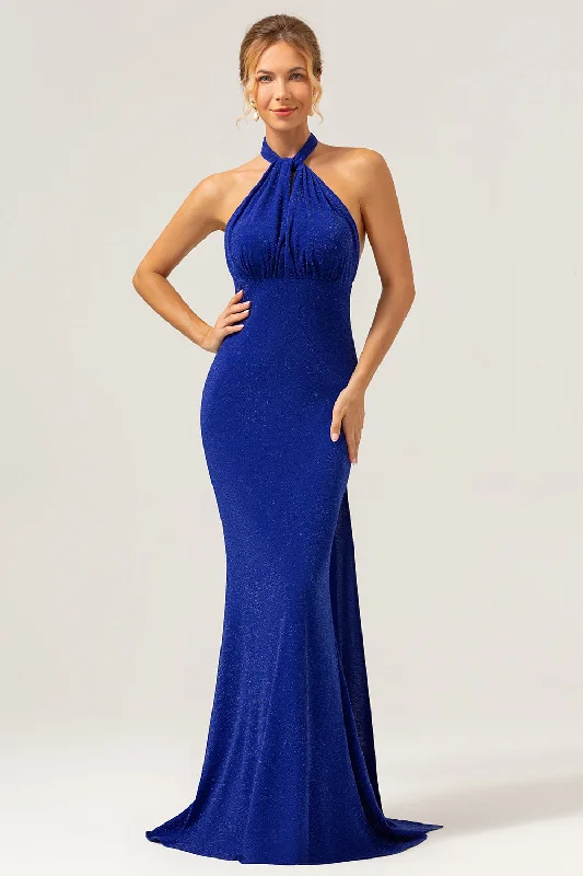 Midi wedding guest dresses in navy blue for a formal affairGlitter Blue Mermaid Halter Backless Long Bridesmaid Dress Midi wedding guest dresses in navy blue for a formal affairGlitter Blue Mermaid Halter Backless Long Bridesmaid Dress