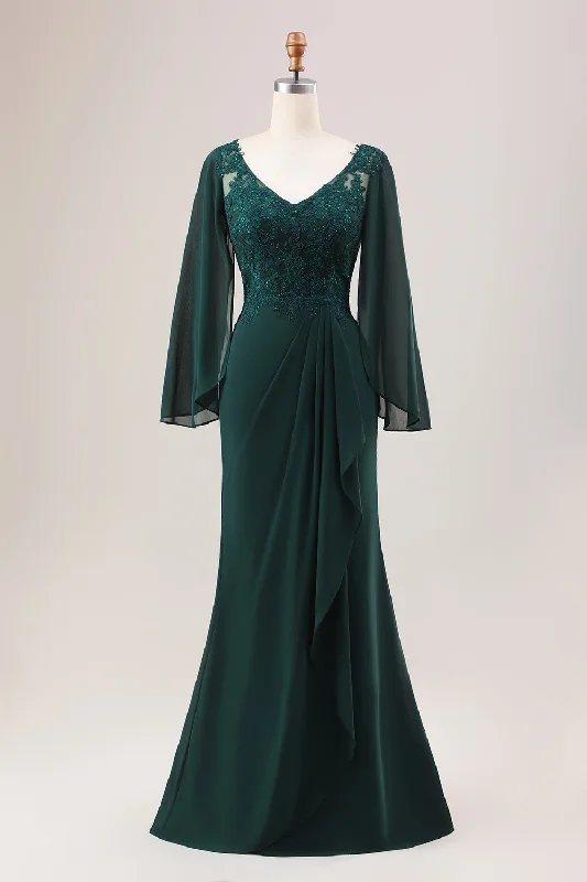 Ribbed - texture cocktail dresses with a cap - sleeve designGlitter Dark Green Mermaid Chiffon Long Sleeves Mother of Bride Dress Ribbed - texture cocktail dresses with a cap - sleeve designGlitter Dark Green Mermaid Chiffon Long Sleeves Mother of Bride Dress