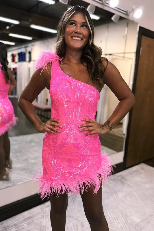Ball gown party dresses with a full skirt for a princess - like lookGlitter Hot Pink One Shoulder Tight Short Prom Dress with Feathers Ball gown party dresses with a full skirt for a princess - like lookGlitter Hot Pink One Shoulder Tight Short Prom Dress with Feathers