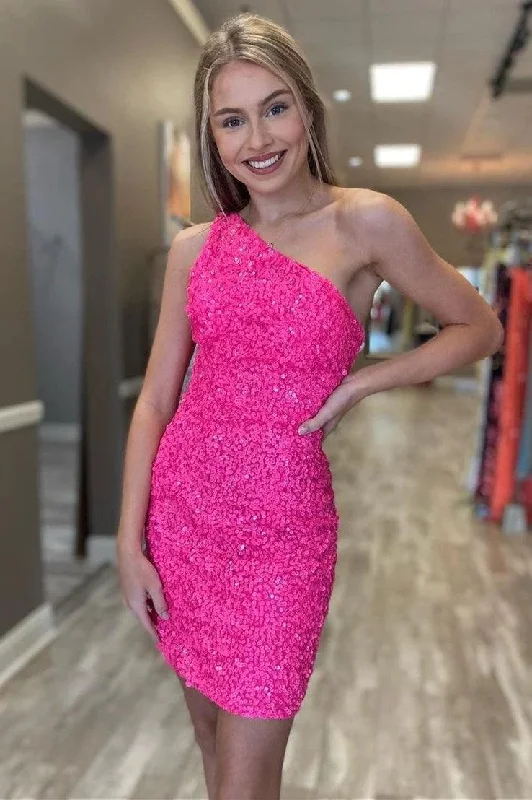 Party dresses with a sheer panel for a hint of allureGlitter One Shoulder Hot Pink Tight Short Prom Dress Homecoming Dress PD461 Party dresses with a sheer panel for a hint of allureGlitter One Shoulder Hot Pink Tight Short Prom Dress Homecoming Dress PD461
