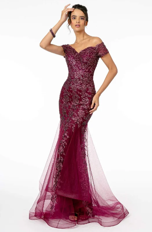 Velvet - trimmed wedding guest dresses in burgundy for a formal eventGLS by Gloria - GL1823 Glitter Mesh Cutout Back Mermaid Gown Velvet - trimmed wedding guest dresses in burgundy for a formal eventGLS by Gloria - GL1823 Glitter Mesh Cutout Back Mermaid Gown