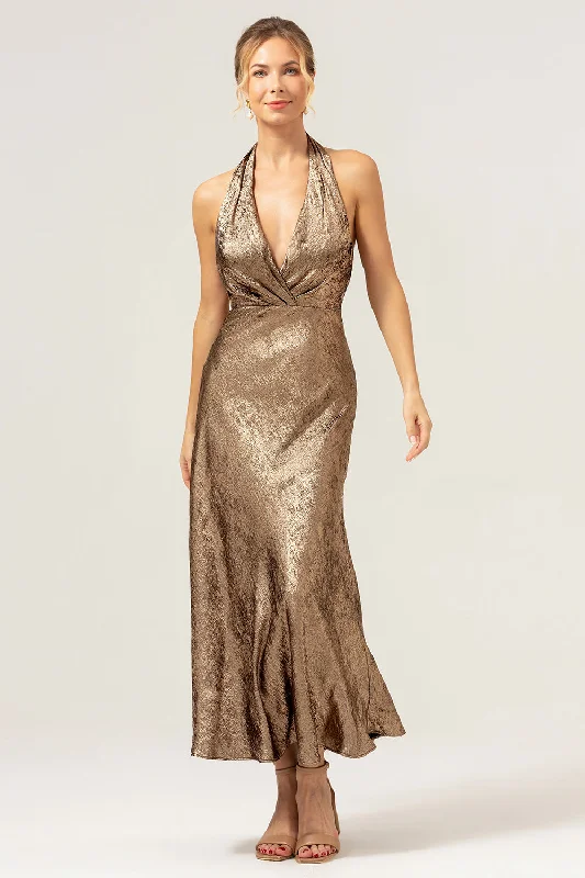 Wedding guest dresses with button - down fronts and A - line silhouettesGolden Mermaid Halter Neck Backless Tea Length Bridesmaid Dress