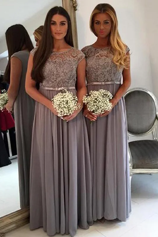 Maxi wedding guest dresses with floral prints for summer weddingsGrey A-Line Boat Neck Long Chiffon Boho Bridesmaid Dress with Lace