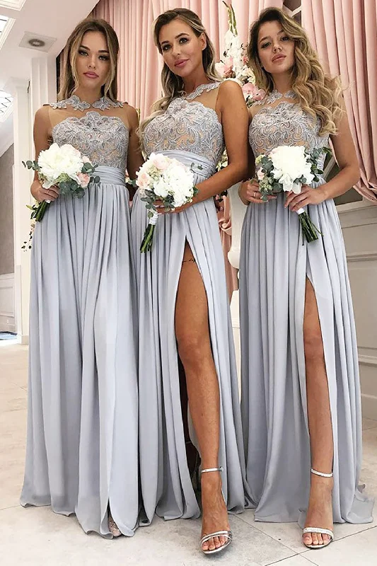 Printed wedding guest dresses with tropical motifs for beach weddingsGrey A-Line Illusion Round Neck Long Chiffon Bridesmaid Dress with Lace Printed wedding guest dresses with tropical motifs for beach weddingsGrey A-Line Illusion Round Neck Long Chiffon Bridesmaid Dress with Lace