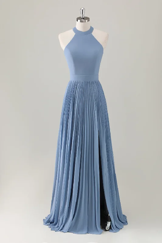 Geometric - printed wedding guest dresses for a modern weddingGrey Blue A-Line Halter Long Bridesmaid Dress with Slit Geometric - printed wedding guest dresses for a modern weddingGrey Blue A-Line Halter Long Bridesmaid Dress with Slit