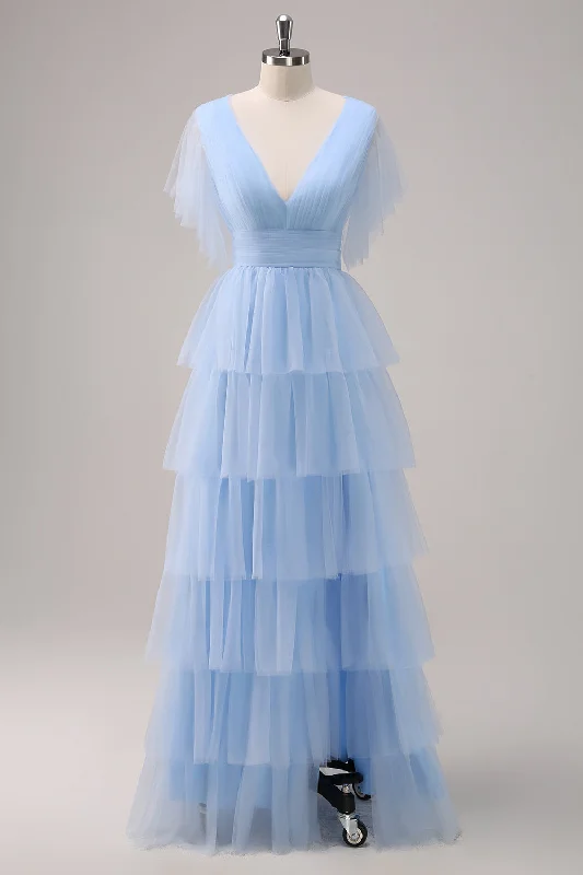 Animal - print wedding guest dresses in subtle colors for a bold statementGrey Blue A-Line V Neck Tiered Tulle Long Bridesmaid Dress with Slit Animal - print wedding guest dresses in subtle colors for a bold statementGrey Blue A-Line V Neck Tiered Tulle Long Bridesmaid Dress with Slit