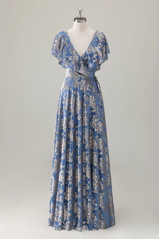 Sleeveless wedding guest dresses with pleated bodicesGrey Blue V Neck A-Line Burnout Velvet Floral Printed Bridesmaid Dress Sleeveless wedding guest dresses with pleated bodicesGrey Blue V Neck A-Line Burnout Velvet Floral Printed Bridesmaid Dress