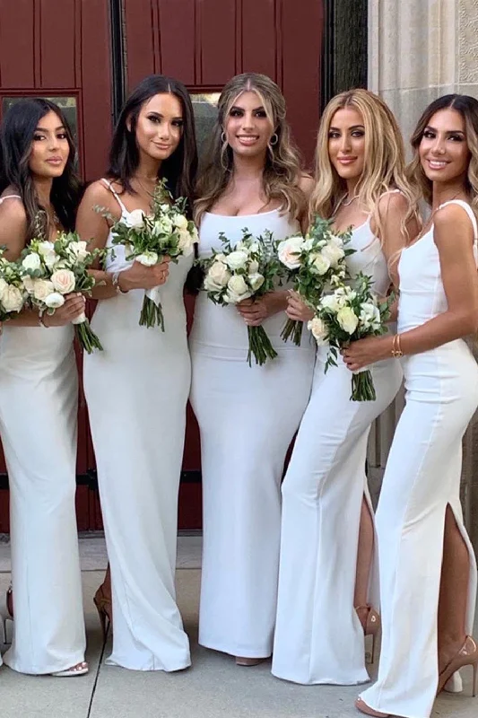 Satin wedding guest dresses with side slits for a sexy touchIvory Mermaid Spaghetti Straps Long Bridesmaid Dress with Back Slit Satin wedding guest dresses with side slits for a sexy touchIvory Mermaid Spaghetti Straps Long Bridesmaid Dress with Back Slit