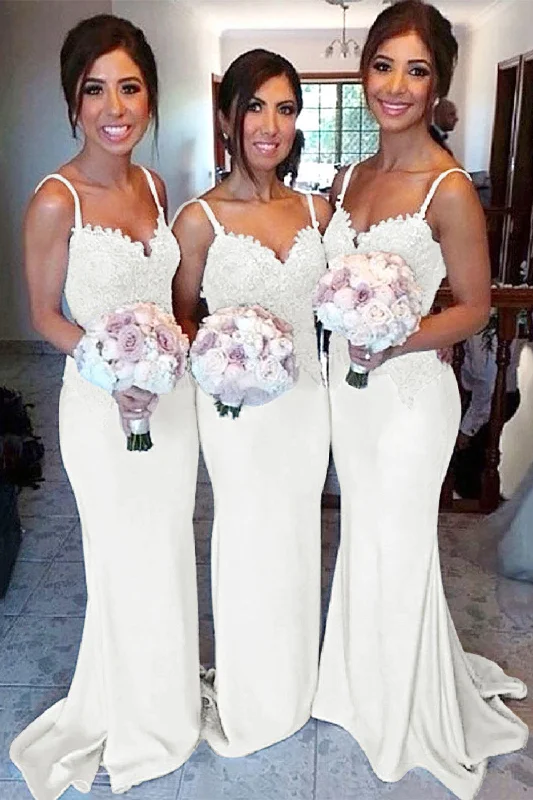 Off - the - shoulder wedding guest dresses in chiffonIvory Mermaid Spaghetti Straps Long Bridesmaid Dress with Lace Off - the - shoulder wedding guest dresses in chiffonIvory Mermaid Spaghetti Straps Long Bridesmaid Dress with Lace