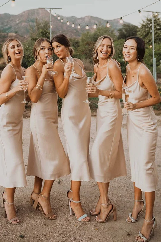 Wedding guest dresses with cold - shoulder designs and solid colorsIvory Mid-Calf Spaghetti Straps Bridesmaid Dress Wedding guest dresses with cold - shoulder designs and solid colorsIvory Mid-Calf Spaghetti Straps Bridesmaid Dress