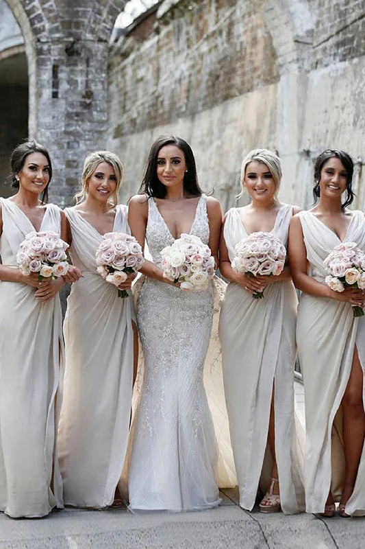 Wedding guest dresses with keyhole backs and flowing fabricsIvory Sheath Chiffon Ruched Long Bridesmaid Dress with Slit