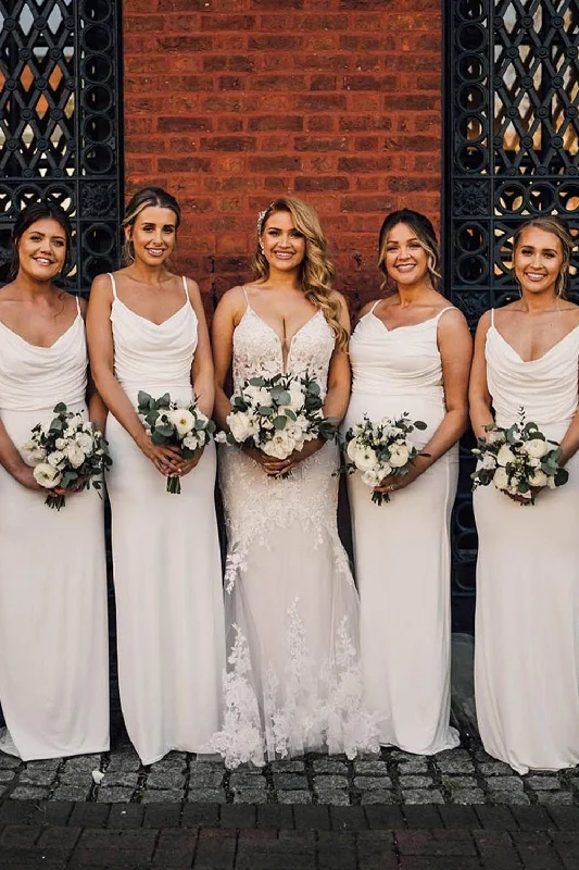Wedding guest dresses with empire waists and tulle skirtsIvory Sheath Spaghetti Strap Draped Long Bridesmaid Dress
