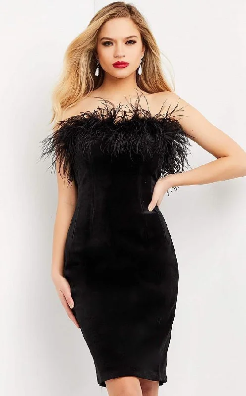 Mini cocktail dresses with a pleated bodice and a spaghetti - strap backJovani M3335 Knee Length Feather Cocktail Dress Mini cocktail dresses with a pleated bodice and a spaghetti - strap backJovani M3335 Knee Length Feather Cocktail Dress