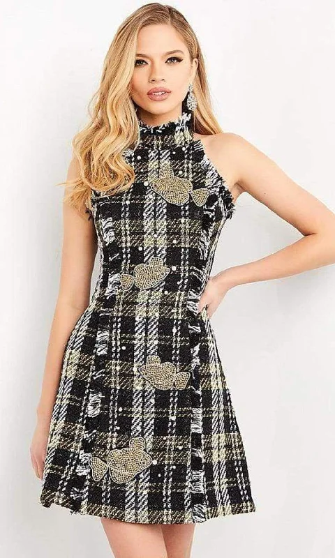 Cocktail dresses with cold - shoulder designs in a lightweight fabricJovani - M03286 High Halter Woven Short Dress