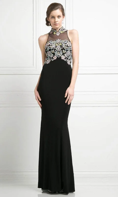 Embroidered wedding guest dresses in earthy tones for a rustic weddingLadivine CK43 - Rhinestone Accented Halter Gown